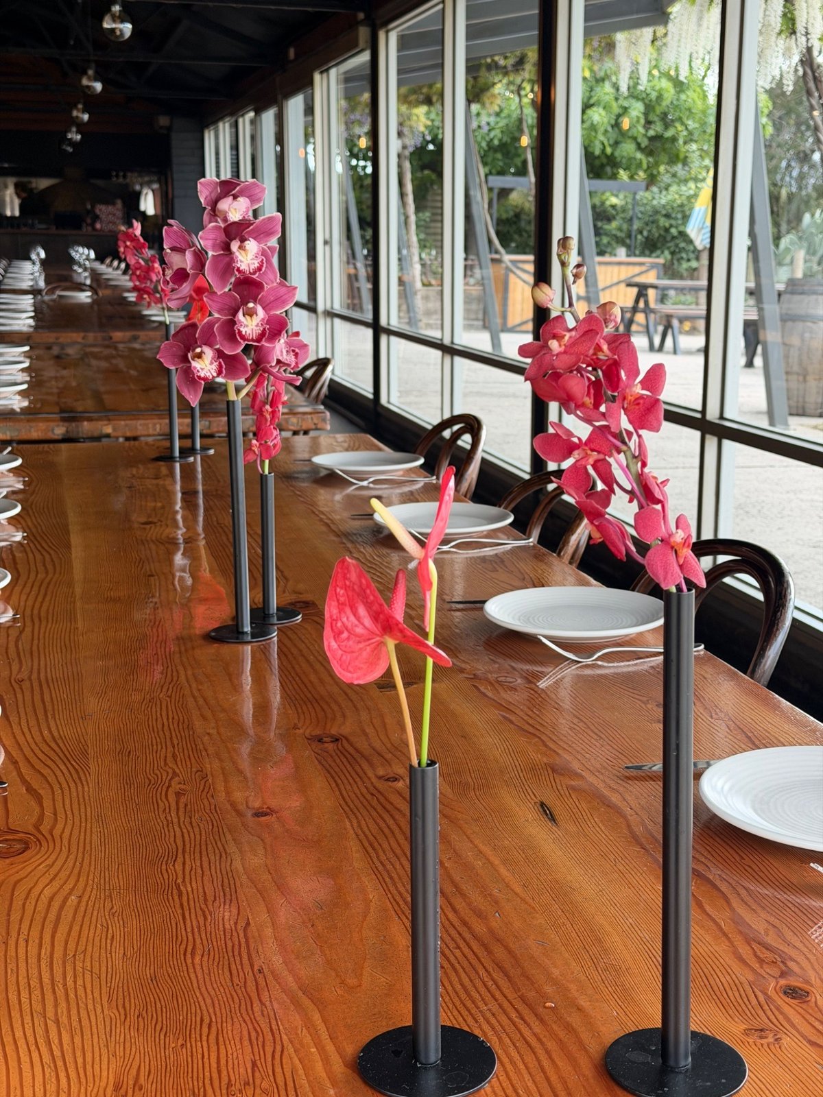 Single stems of cymbidium orchids and anthuriums in black bud vases along a long timber table, event flowers by Sugar Bee Flowers