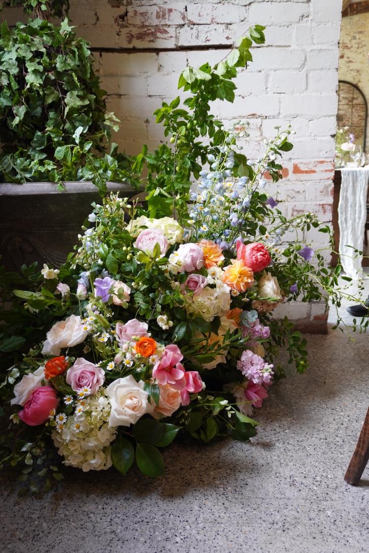 Lush garden-style floral arrangement by Sugar Bee Flowers at The Stables, Stones of the Yarra Valley