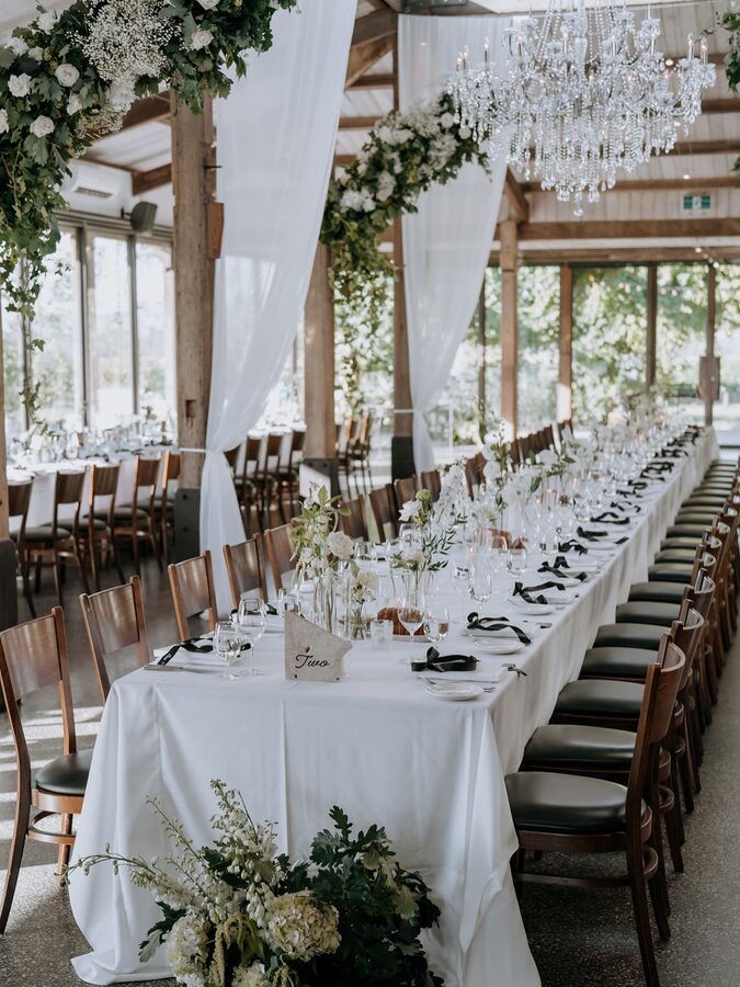 White florals, greenery and flowing drapings for S&J at Stones of the Yarra Valley — Sugar Bee Flowers, photographed by Chamore Creations