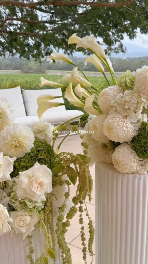 Wedding and event flowers across Chandon Australia — the Homestead, courtyard, lounge and restaurant, by Sugar Bee Flowers